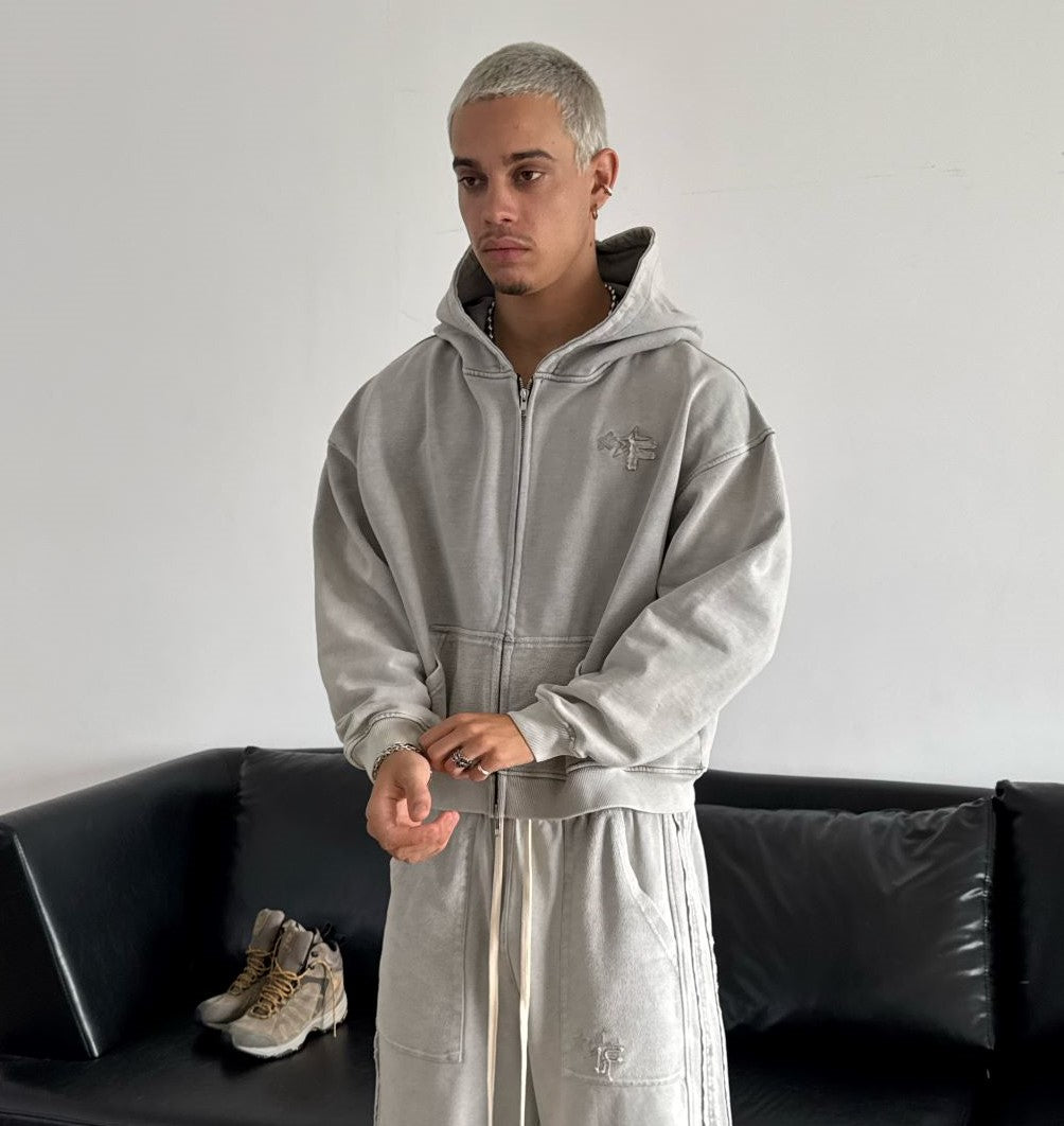 HDW4 - "FNOS" WASHED FLAG PRINTED HOODIE - GREY