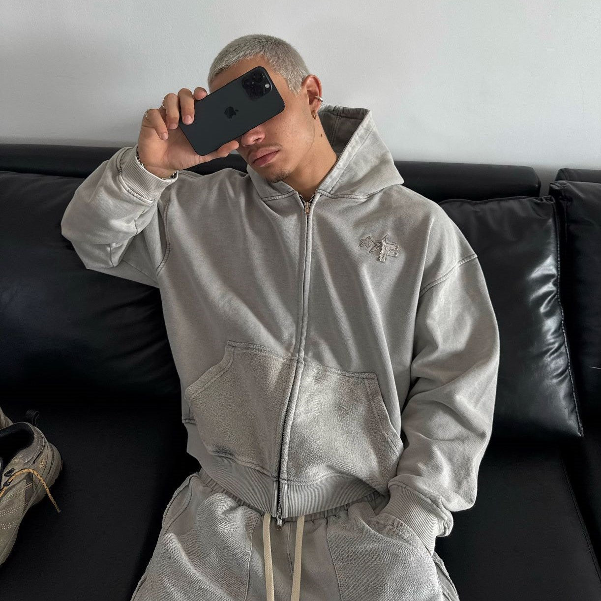 HDW4 - "FNOS" WASHED FLAG PRINTED HOODIE - GREY